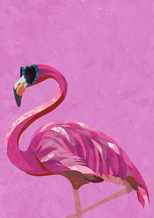 Stylized magenta flamingo with heart-shaped sunglasses on a pink background. Magenta Metallic Flamingo by Sarah Manovski.
