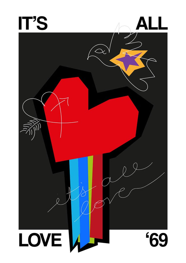 Abstract heart with colorful stripes, dove, and "It's All Love '69" text on black background for All Love Black product.