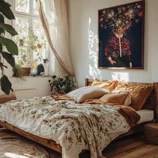 Framed Frank Moth artwork above bed in cozy, sunlit bedroom; floral linens and plants complete the scene.