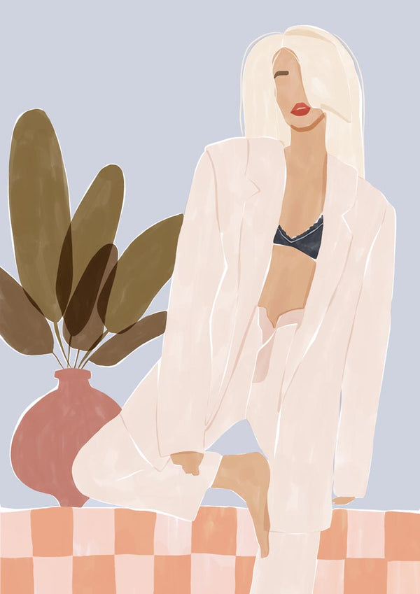Abstract illustration of a woman in loungewear with a plant in the background, promoting Too Lazy To Yoga - Ivy Green.