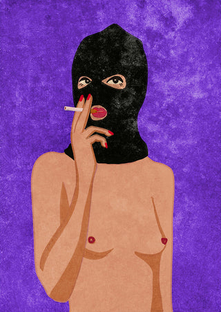 Illustration of a topless figure in a black mask smoking, on the cover of "My Body is not a Crime" by Raissa Oltmanns.