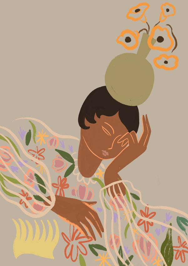 Abstract illustration of a thoughtful person with flowers and a vase on their head, from The Overthinker by Arty Guava.