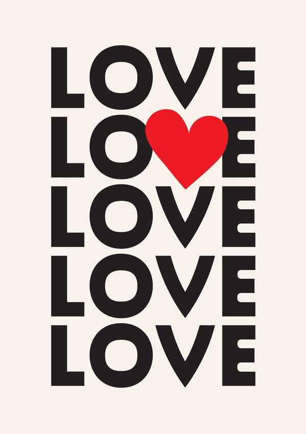 Poster with the word "LOVE" repeated five times; second "O" is replaced by a red heart shape.