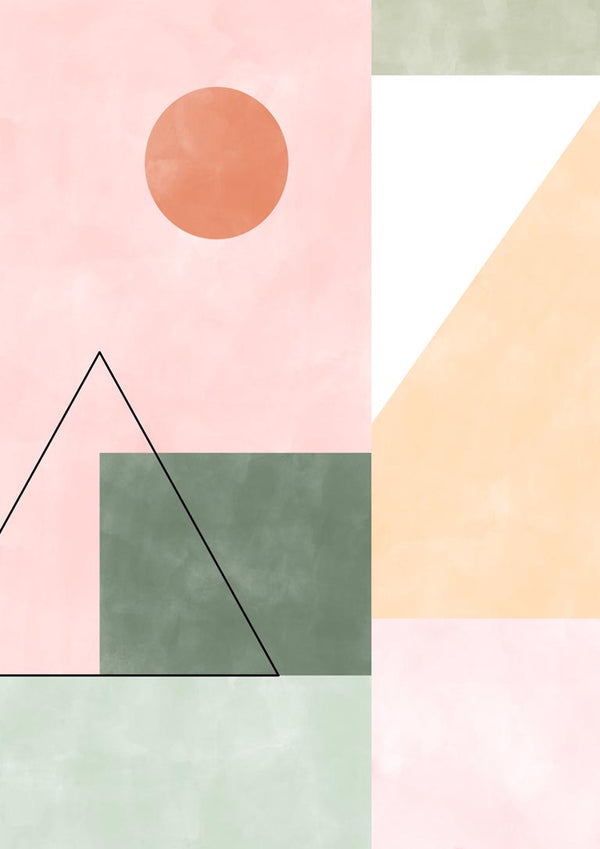 Abstract pastel artwork with minimalist shapes including a circle, triangle, rectangles, and soft color blocks.