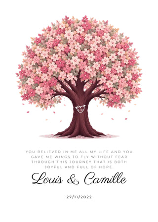 Personalised blossom tree poster with initials carved into the trunk, your message, names and date