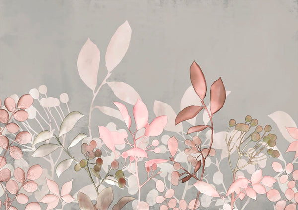 Watercolor Pastel Garden Pink decorative pattern with soft pink and neutral botanical leaves on a gray background.