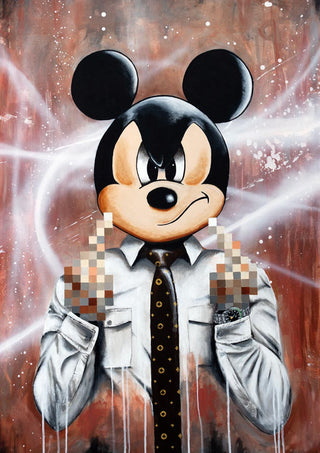 Blurred Mickey by Daniel Leo — acrylic pop art painting of a cartoon character in shirt and tie with pixel-censored hands