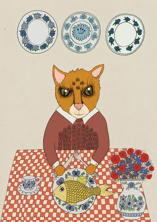 Folk illustration of a ginger cat in a maroon jumper eating fish at a red gingham table with flowers and decorative plates.