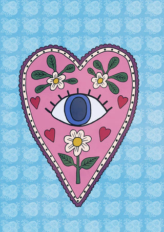 Folk art poster of a pink milagro heart containing a blue eye and white daisies on a powder blue floral background.