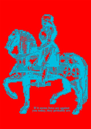 Fate by Francisco Gualter - cyan equestrian statue on red poster