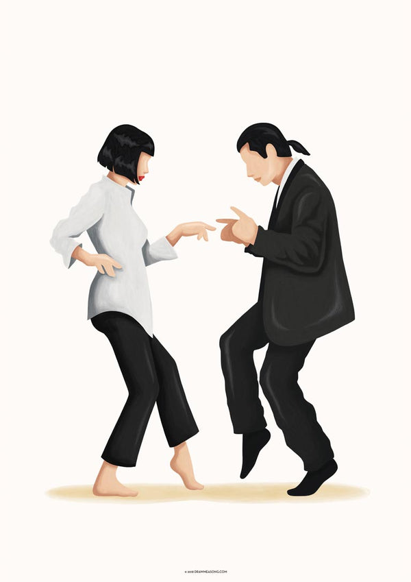Illustration of two characters dancing, inspired by Pulp Fiction, with minimalist style by Nour Tohme.