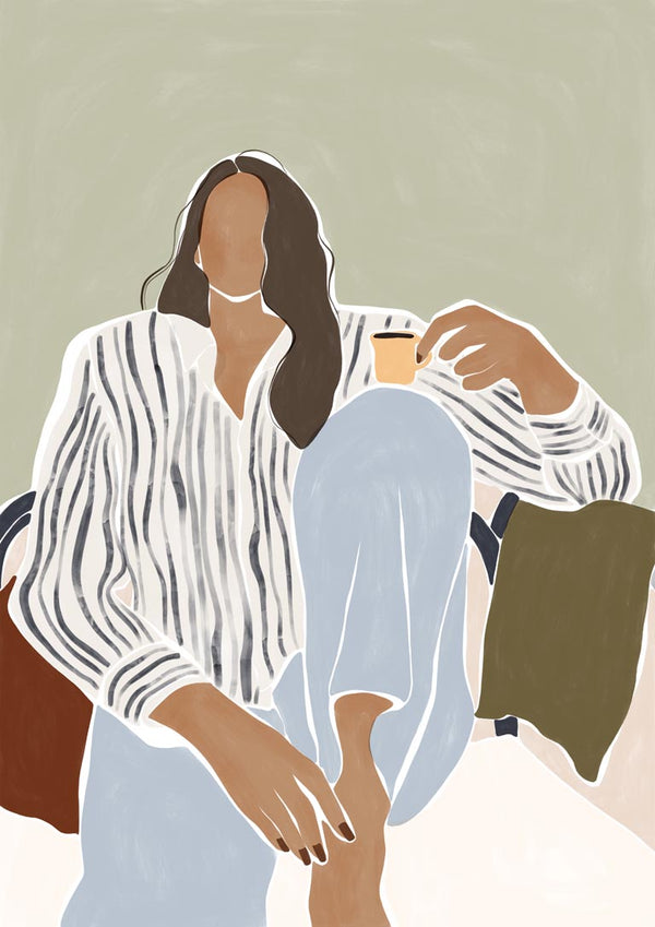 Minimalist illustration of a woman in striped shirt enjoying espresso, seated casually against an ivy green background.