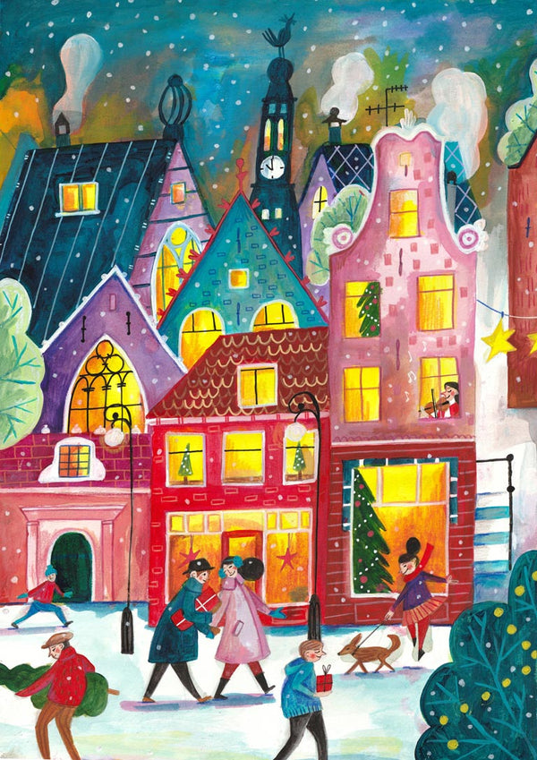 Colorful Amsterdam street at Christmas with festive lights, decorated trees, and people walking in the snow.