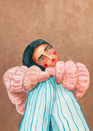 Painting of a dreamy girl with heart on her cheek, holding striped fabric; artwork by Raissa Oltmanns.