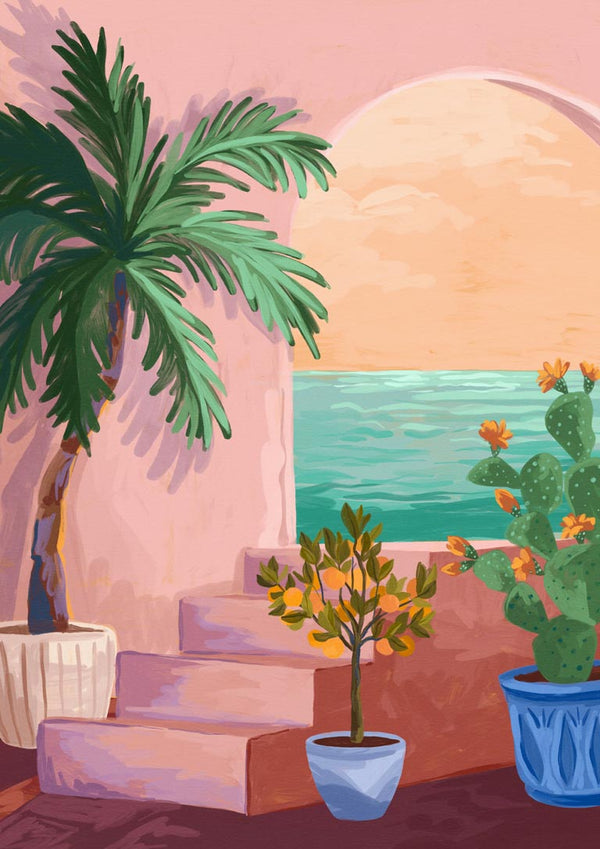 Colorful stairs with potted plants leading to a sea view under a warm sunset, Stairway To Paradise - Goed Blauw.