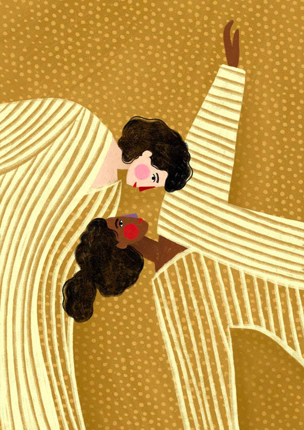 Abstract illustration of two women in striped outfits on a dotted background, from Two Line Women by Bea Muller.