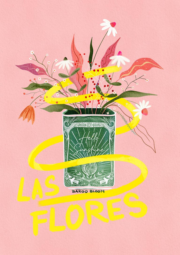 Las Flores Baroo Bloom packaging with illustrated flowers, a playing card, and bold yellow text on a pink background.