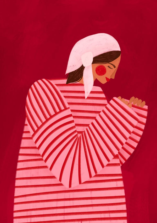 Illustration of a woman in a red striped outfit and white headscarf, featured on The Woman With the Red Stripes product page.