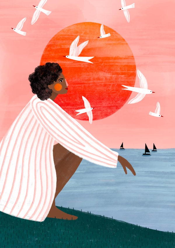 Illustration of a person by the sea at sunset, with birds flying and sailboats on the water. Sunset On My Own - Bea Muller.
