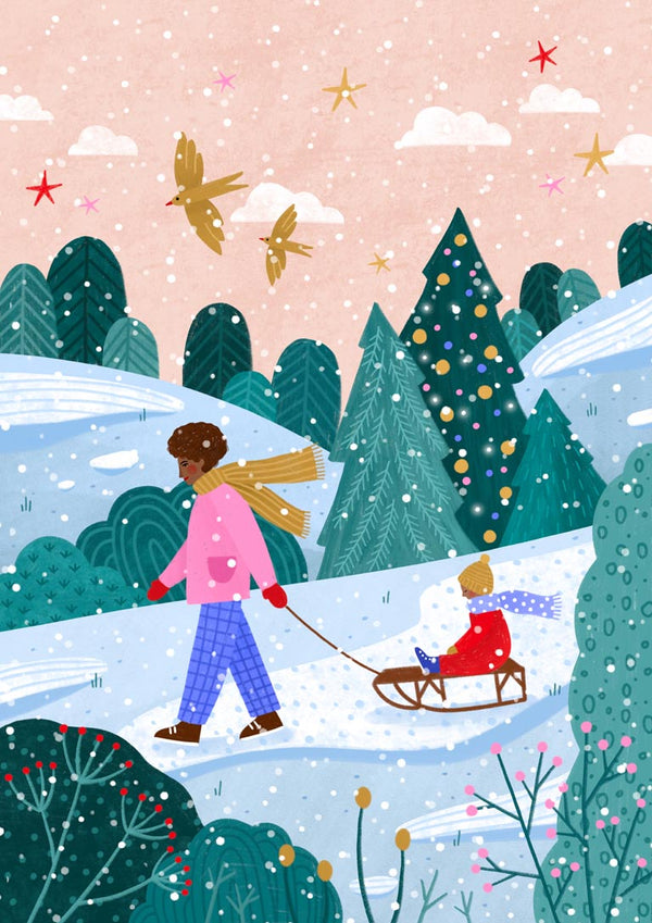 Illustration of an adult pulling a child on a sledge through snowy hills, trees, and falling snow.