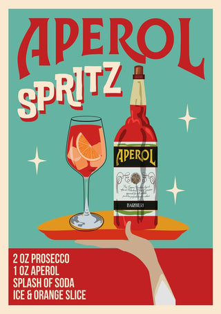 A colorful Aperol Spritz wallchart showing a bottle, cocktail glass with orange slice, and recipe details.