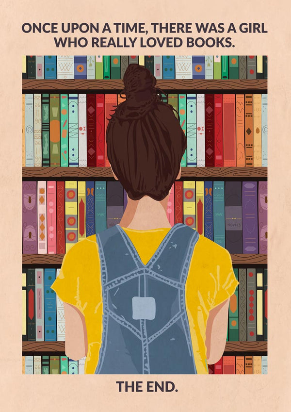 Illustration of a girl in overalls facing bookshelves, with text about her love for books. Book Girl wallchart.