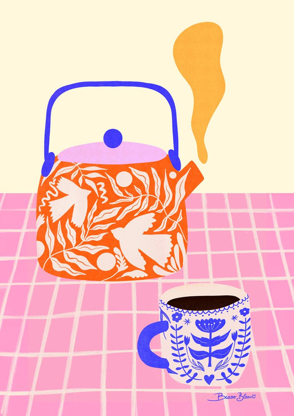 Illustration of a floral-patterned teapot and mug on a pink checkered table for Tea Party Geometry - Baroo Bloom.
