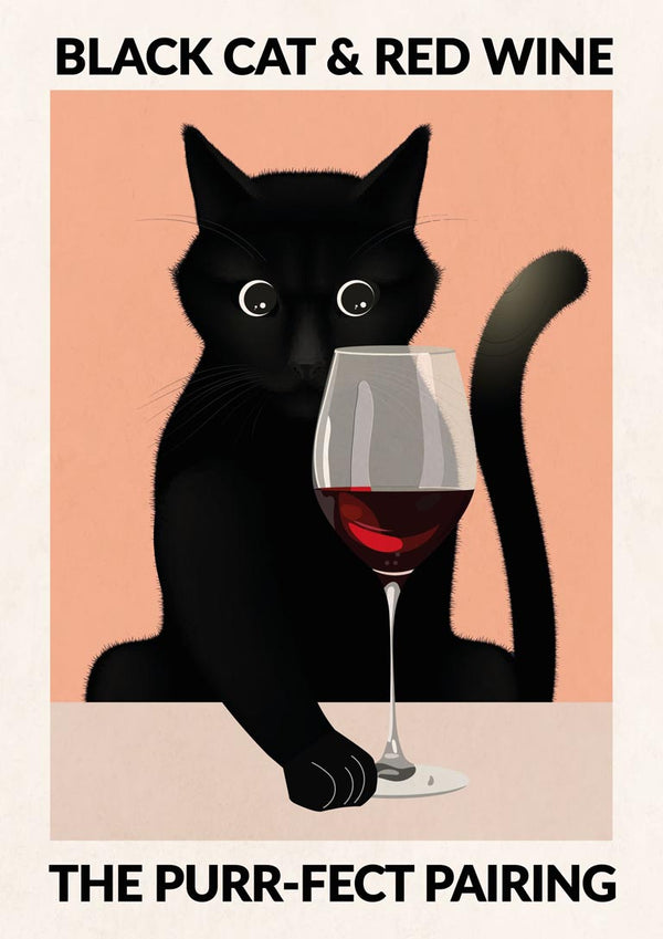 Illustration of a black cat with a glass of red wine, captioned "Black Cat & Red Wine: The Purr-fect Pairing."