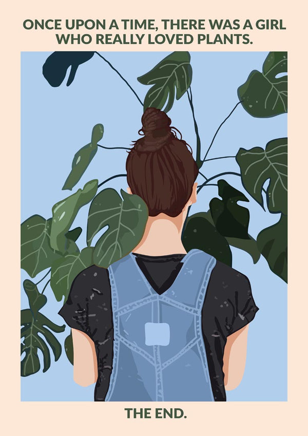 Illustration of a girl in overalls with her back to the viewer, surrounded by lush green plants.