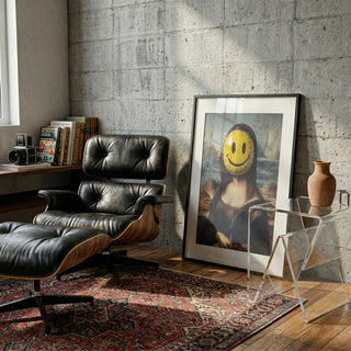 Modern living room with a framed Mona Lisa parody featuring a yellow smiley face mask on the floor.