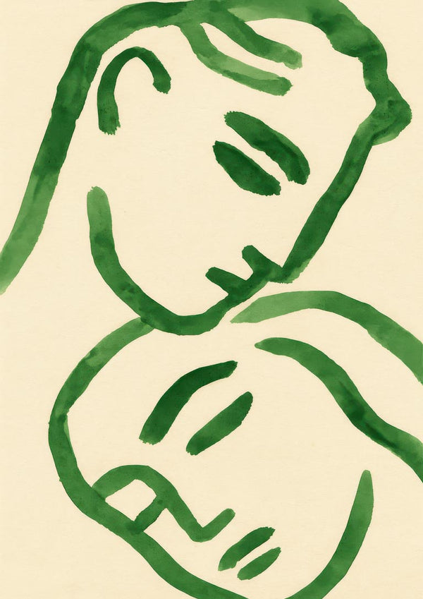 Abstract green line art of two faces gently touching, evoking warmth and closeness for Tender Embrace.