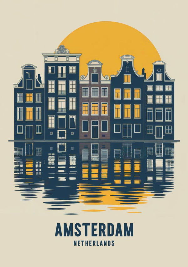 Illustration of Amsterdam canal houses at sunset with reflections on water, featured on the Andreas Magnusson product page.