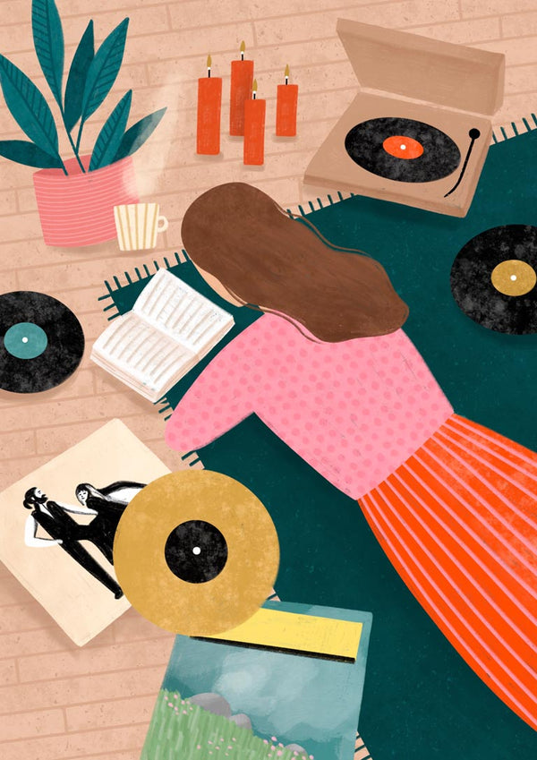 Illustration of a woman reading on a rug with vinyl records and a record player, evoking relaxation.