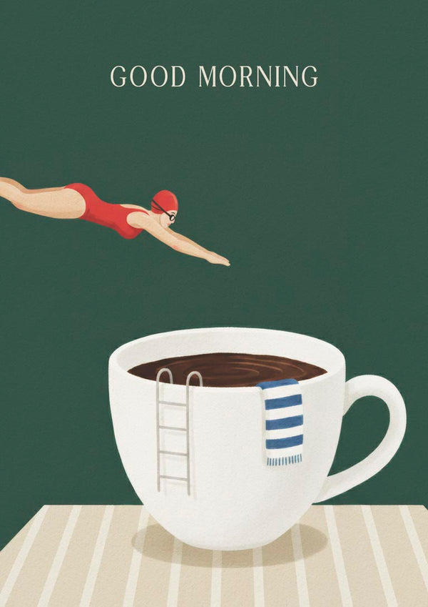Illustration of a swimmer diving into a giant coffee cup with "Good Morning" text above, for Good Morning Dive product page.