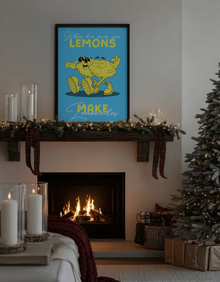 Framed "Lemons Make Lemonade" by Alina Shulhouskaya above a cozy fireplace, holiday decor nearby.