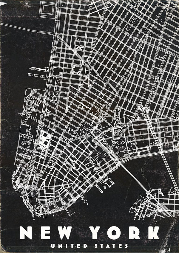 Black and white map of New York City streets with "NEW YORK UNITED STATES" written at the bottom.