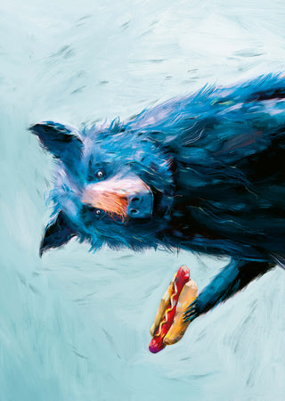Blue Bear Hot Dog by Natascha Baumgärtner – shaggy blue bear holding a hot dog against an icy blue background