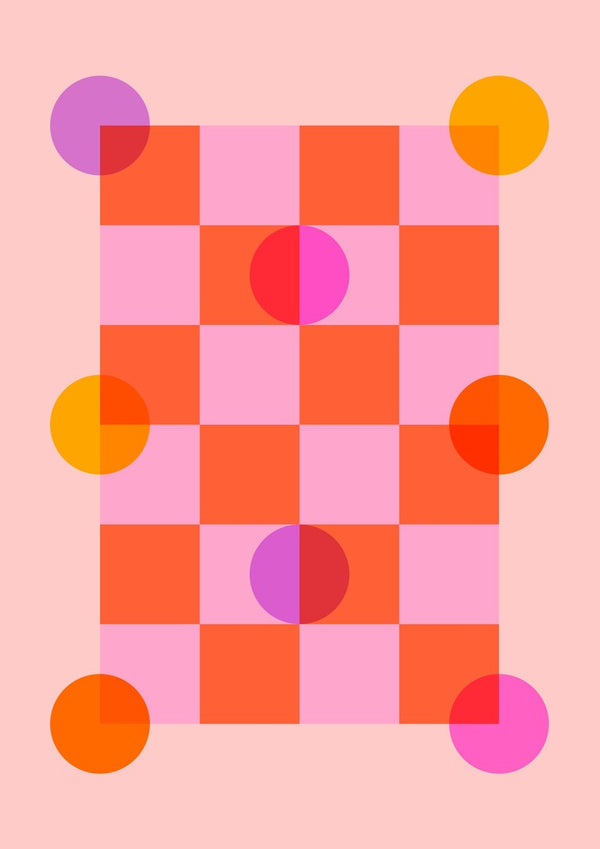 Color Play by Nanna Paavig, a coral orange and pink checkerboard poster with purple, yellow and hot pink circles
