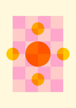 Solar Play by Nanna Paavig, a large orange circle on a pink checkerboard with yellow circles on a butter-yellow ground
