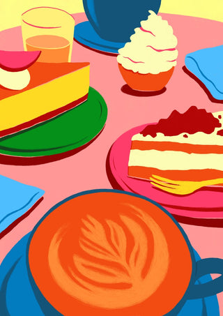 A Sweet Moment by Nanna Paavig, an illustrated pink cafe table with cake slices, a cupcake and an orange latte seen from above