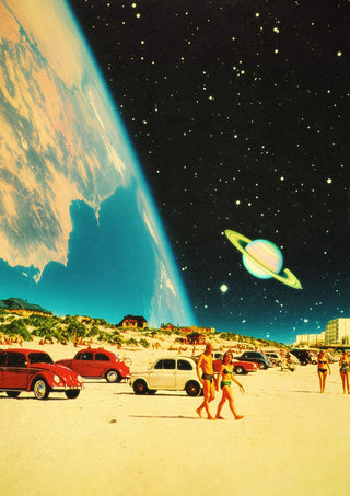 Galaxy Beach by Taudalpoi, a retro beach crowd and red vintage cars beneath a turquoise planet