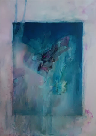 MetaMorfo by Alice Ruja — abstract teal and turquoise washes with butterfly-like wings dissolving into falling water on a pale rose ground.