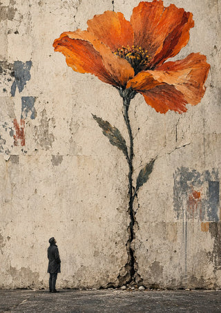 Growing Through Concrete by Matthews Gallerie - a giant orange flower growing from a crack in a concrete wall above a small figure looking up