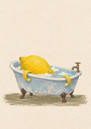 Lemon Takes a Bath by Matthews Gallerie - a yellow lemon lying in a pale blue clawfoot bathtub full of bubbles