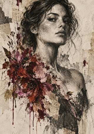 Wild at Heart by Matthews Gallerie — a charcoal portrait of a woman with burgundy and pink flowers across her shoulder