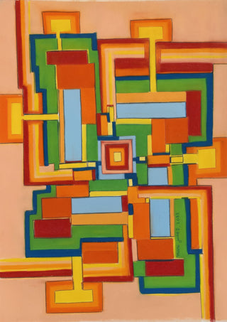 The Four Corners by Gerard Ceulemans - geometric pastel abstract of orange, green, red and blue rectangles around a central square