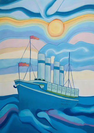 The Steamboat by Gerard Ceulemans - pastel drawing of a blue four-funnel steamship on rolling waves under a pale sun