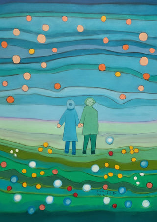 Walking in the Evening by Gerard Ceulemans - pastel drawing of a couple hand in hand on a dotted green meadow under a teal sky