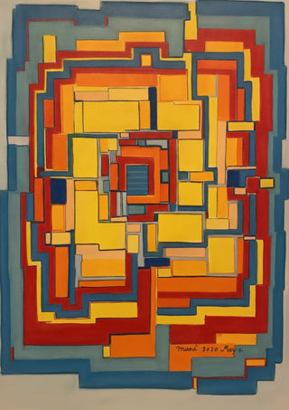 The Labyrinth by Gerard Ceulemans - geometric pastel maze of yellow, orange and red blocks framed by slate blue