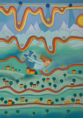 Falling from the Sky by Gerard Ceulemans - pastel drawing of a figure tumbling over a village of yellow houses and teal trees